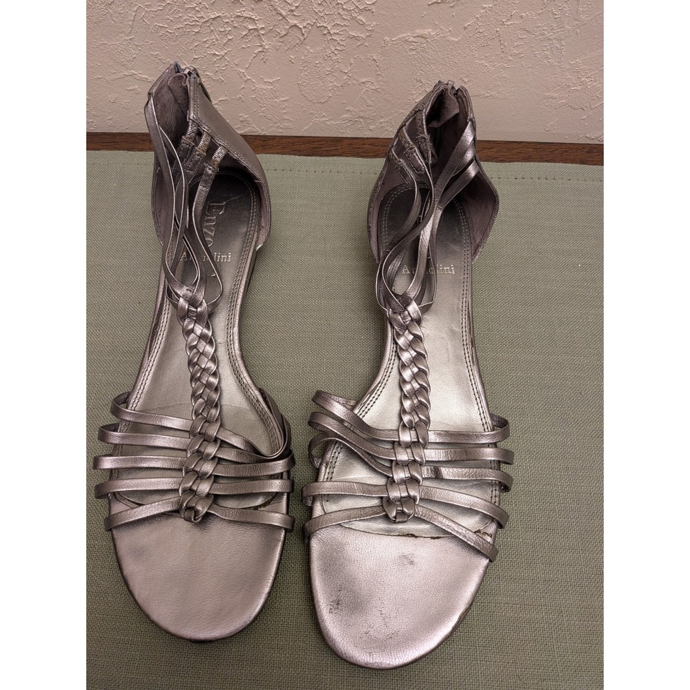 Enzo Angiolini Women Silver Metallic Braided T Strap Flat Sandals Shoes Size 10M